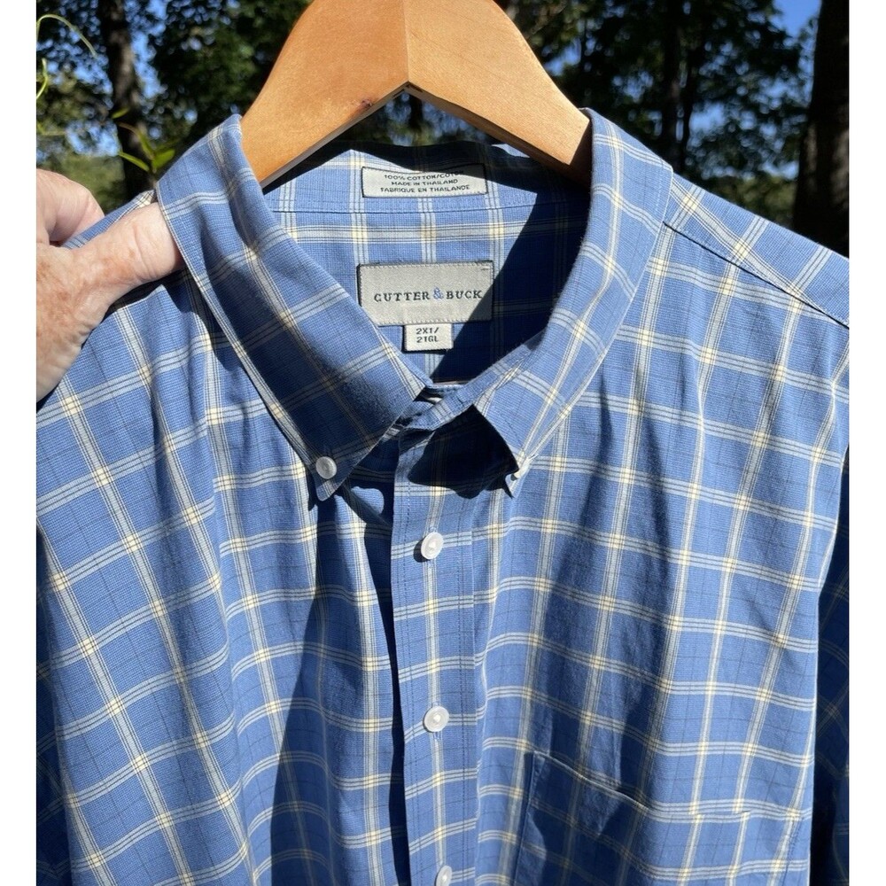 Cutter & Buck Blue Windowpane Plaid Short Sleeve Button Down Cotton Mens 2XT